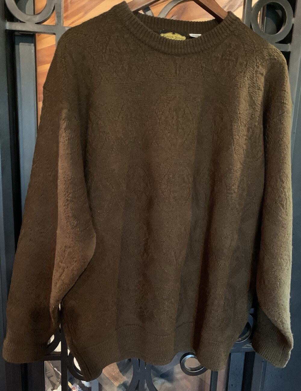 VTG 70s Patrick James 100% Wool Sweater Mens L Olive Green/Brown Jacquard HK